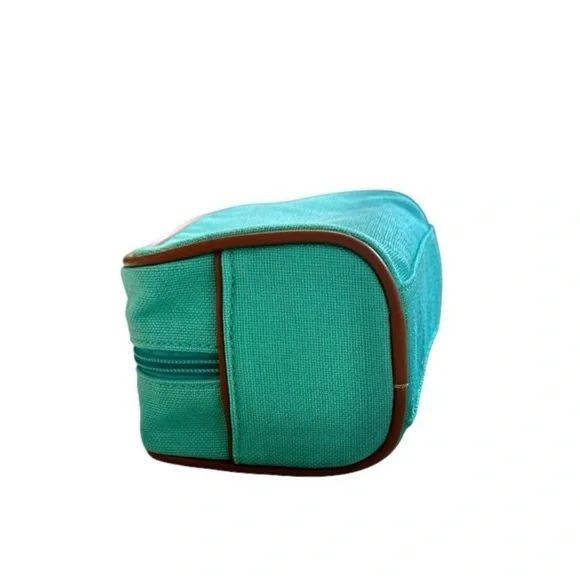 Spartina 449 Teal Linen and Leather Travel Pouch with Gold Embroidered Turtle
